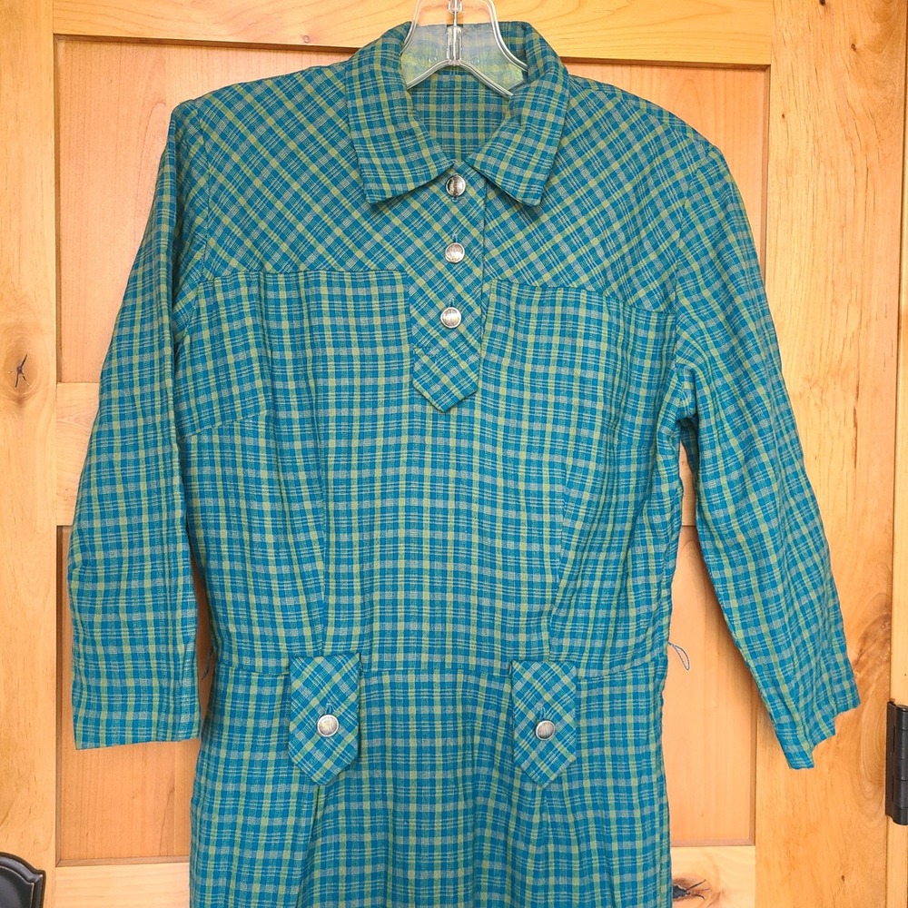 Vintage Handmade Sz L Blue Green Plaid Midi Dress Collar Cottagecore Prairie - Picture 3 of 10